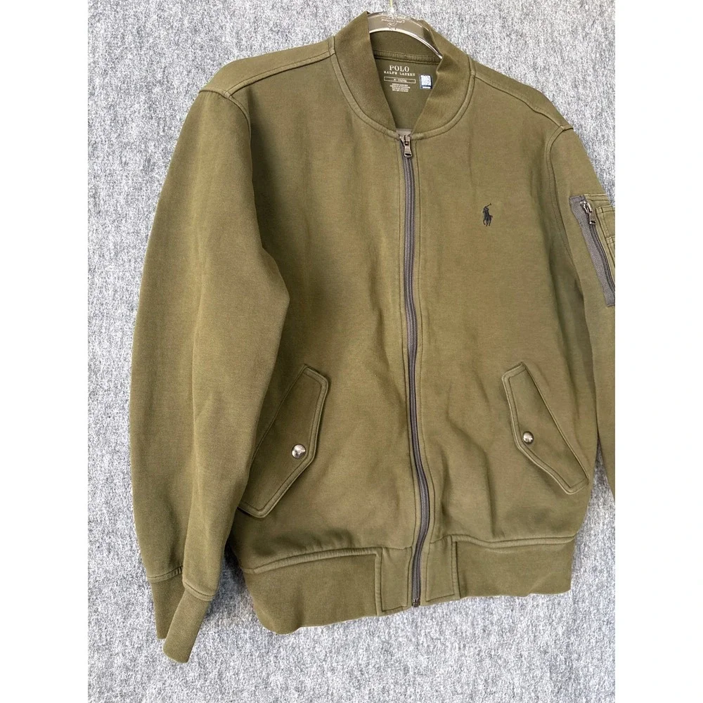 Polo Ralph Lauren Mens Olive Green Cotton Blend Full Zip Bomber Jacket Medium